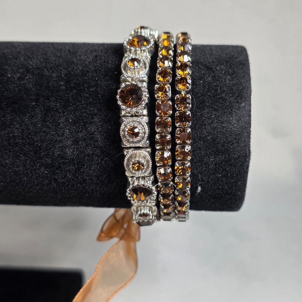 Stack of Three Vintage-Style Silver Tone Bracelets Warm Amber-Colored Stones